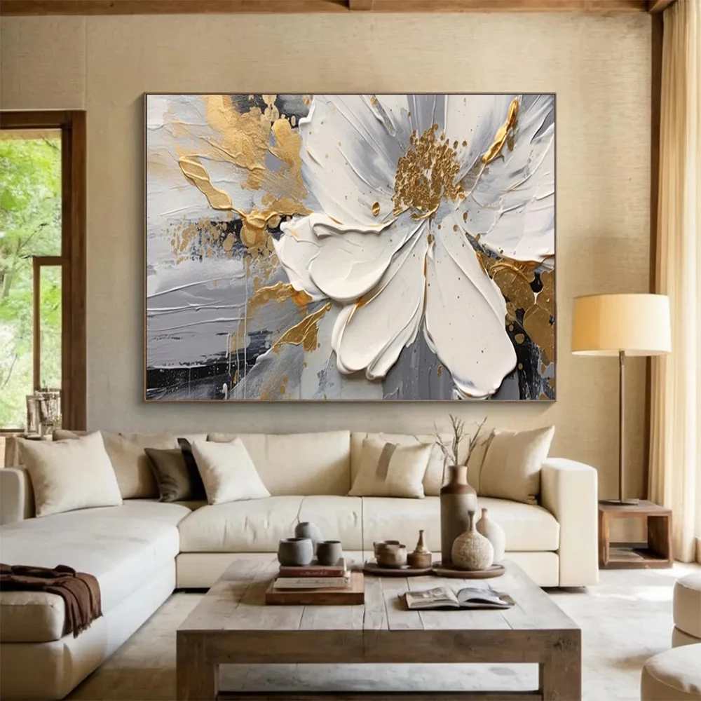 White Handmade Hand-painted Gray Gold Accents Abstract Wall Art 54KQN